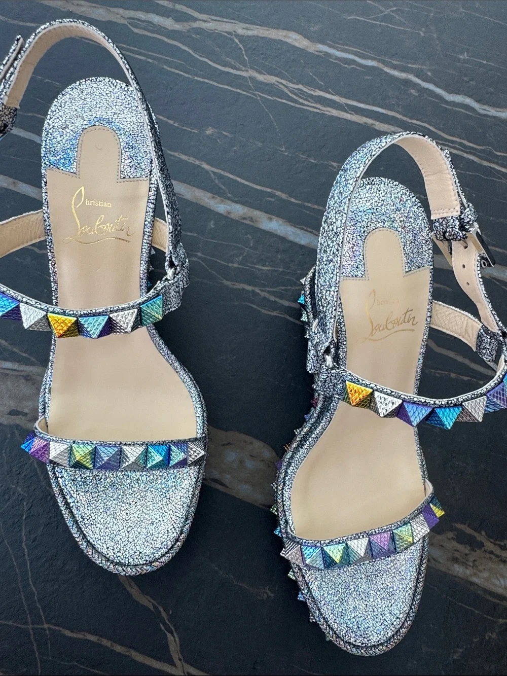Christian Louboutin Iridescent Silver Wedge Sandals with Multicolor Studs